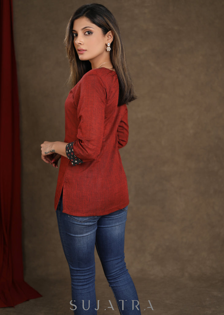 Classic Maroon Cotton Top Ajrakh Collar & Wooden Buttons