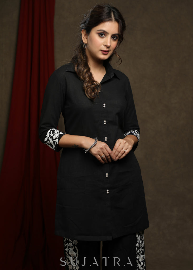 Comfort fit Black embroidered cotton Tunic - Pant Optional
