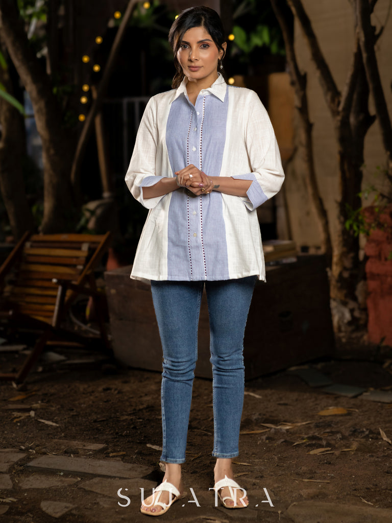 Wistful White Cotton Shirt with Blue Striped Yoke and Delicate Lace Embellishments