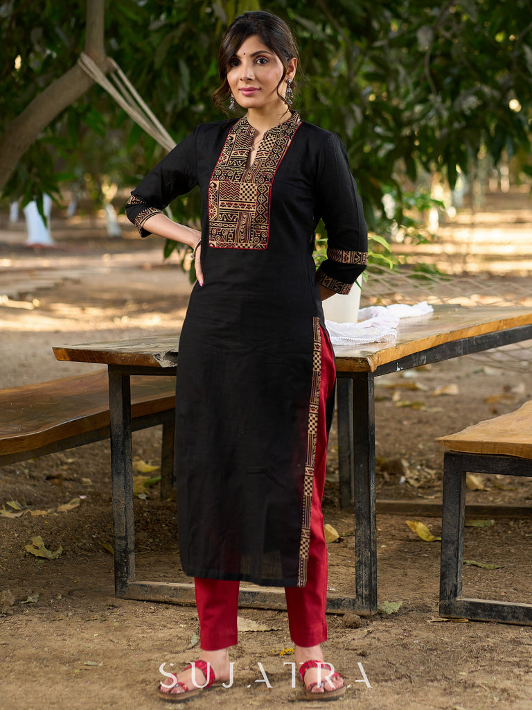 Solid Black Cotton Kurta with Ajrakh Yoke and Sleeves