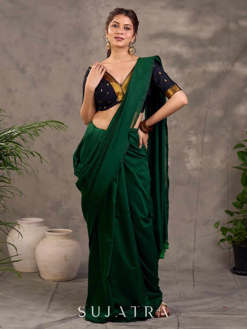 Jet Black Cotton Silk V-Neck Blouse with Gold Buti & Zari Border Detailing