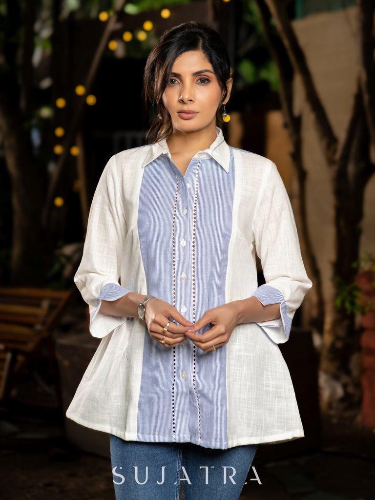 Wistful White Cotton Shirt with Blue Striped Yoke and Delicate Lace Embellishments