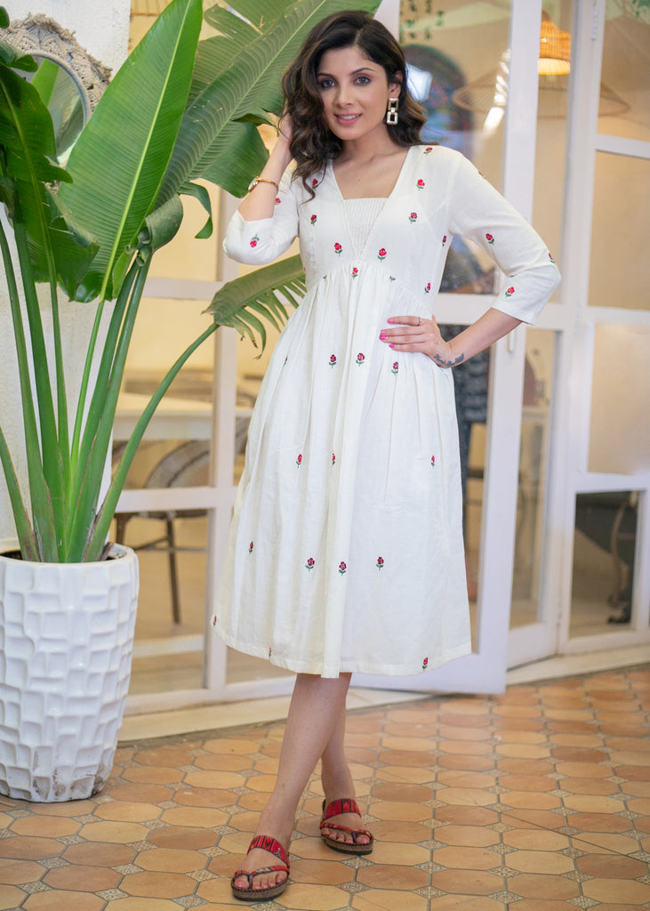 Beautiful White Cotton Dress with Floral Embroidery