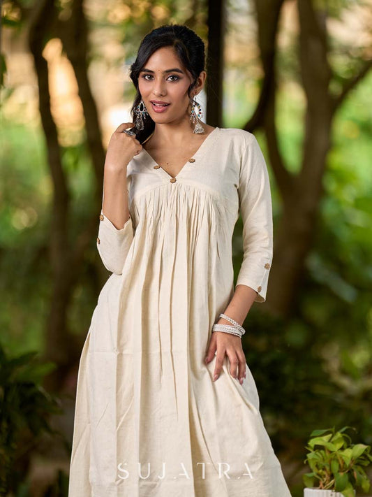 Classic Ivory Cotton Kurta with Subtle Gather Detailing