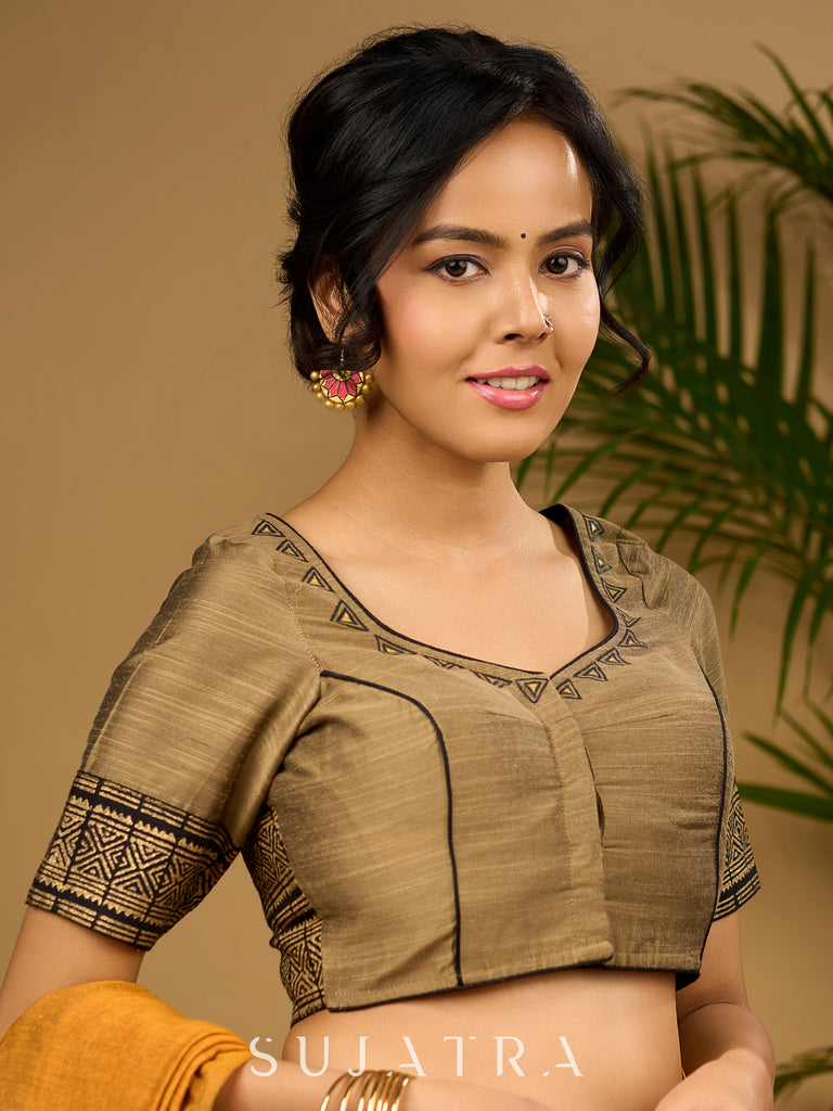 Elegant dark gold cotton silk blouse with traditional block print design - Optional Plain Saree