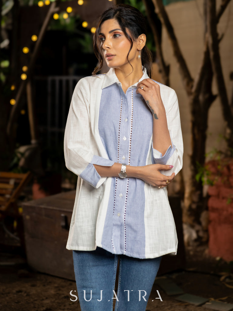 Wistful White Cotton Shirt with Blue Striped Yoke and Delicate Lace Embellishments