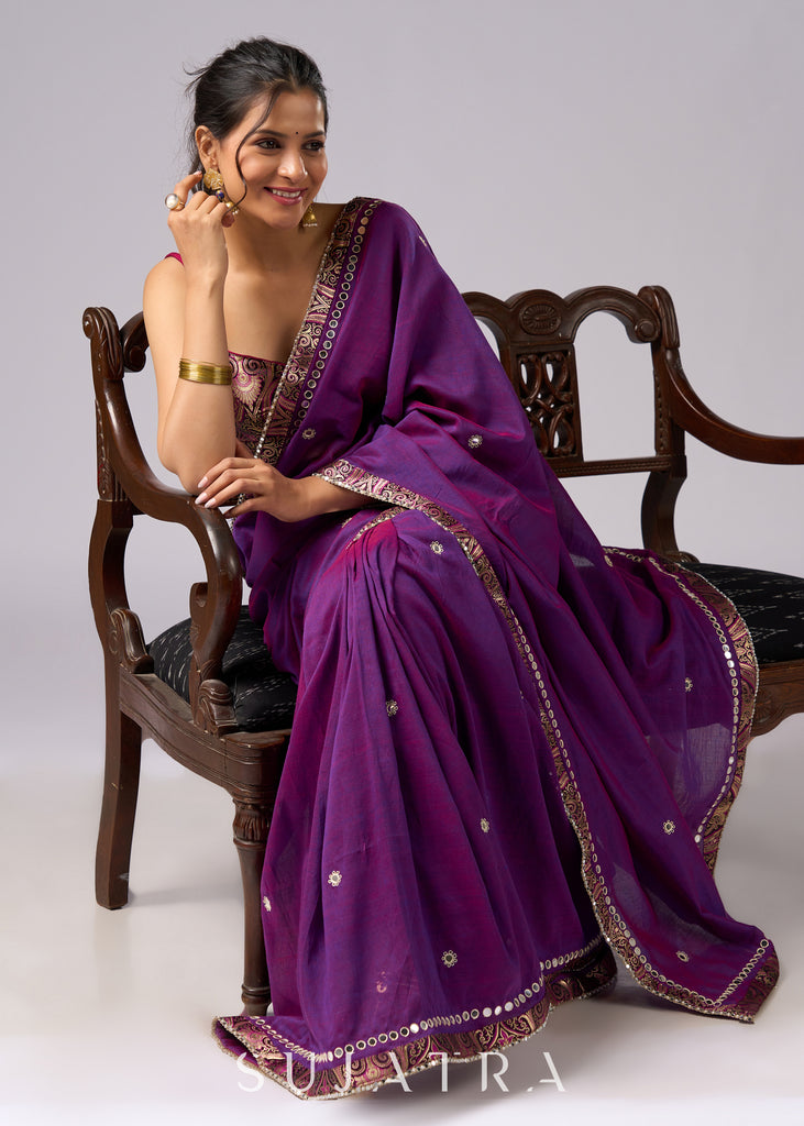 Stunning violet cotton two tone saree with hand embroidery and Banarasi border