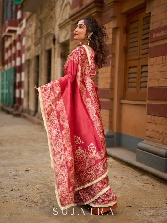 Blush Pink Art Silk Saree with Heritage Floral Print