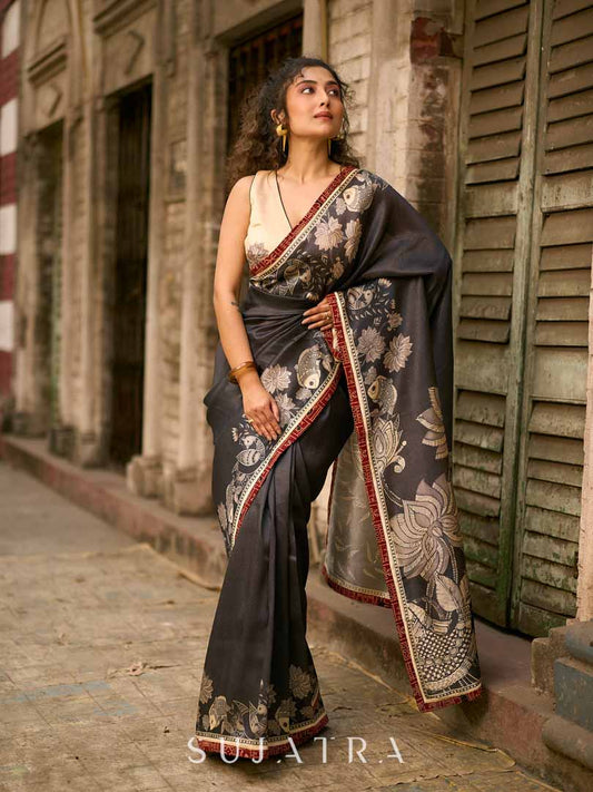Black Artisan Art Silk Saree with Traditional Madhubani Print & Contrast Ajrakh Border