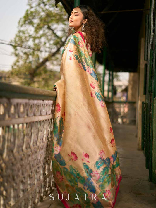 Art Silk Lotus Printed Saree in Beige with Statement Pallu