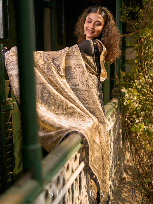 Traditional Black Art Silk Kalamkari Printed Saree with Detailed Pallu