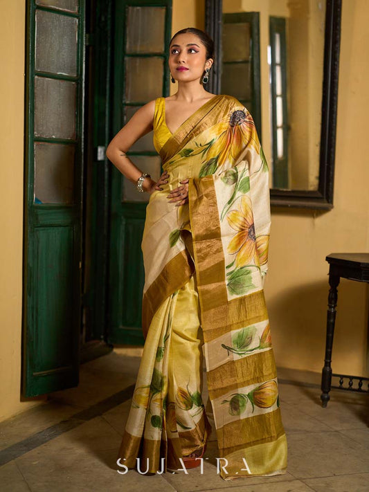 Beige Tussar Silk Saree with Floral Motifs and Zari Accents
