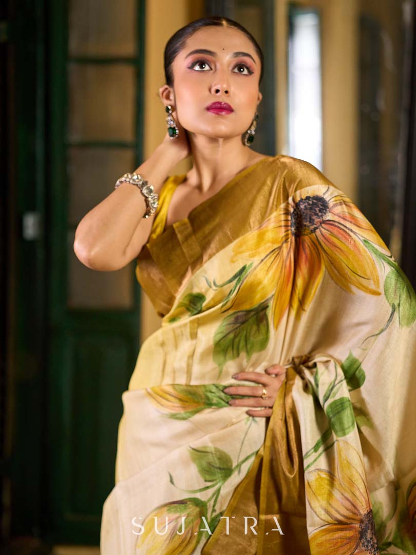 Beige Tussar Silk Saree with Floral Motifs and Zari Accents