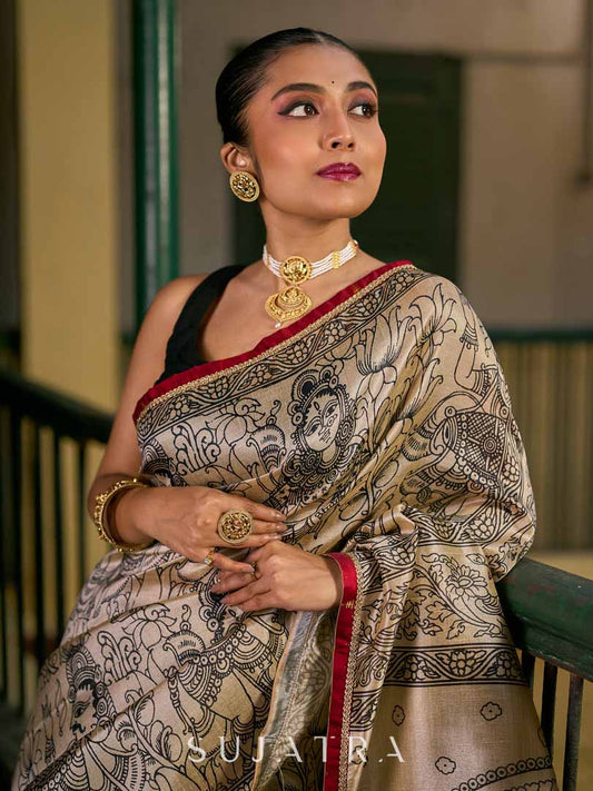 Chic Beige Art Silk Saree with Traditional Kalamkari Print & Contrast Border