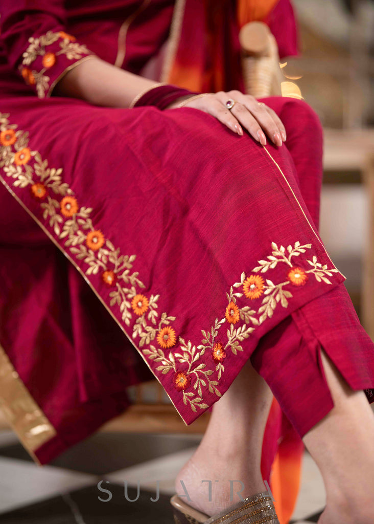 Beautiful Magenta Cotton Silk Pant &Kurta With Embroidery On Sides & Sleeves - Dupatta Optional