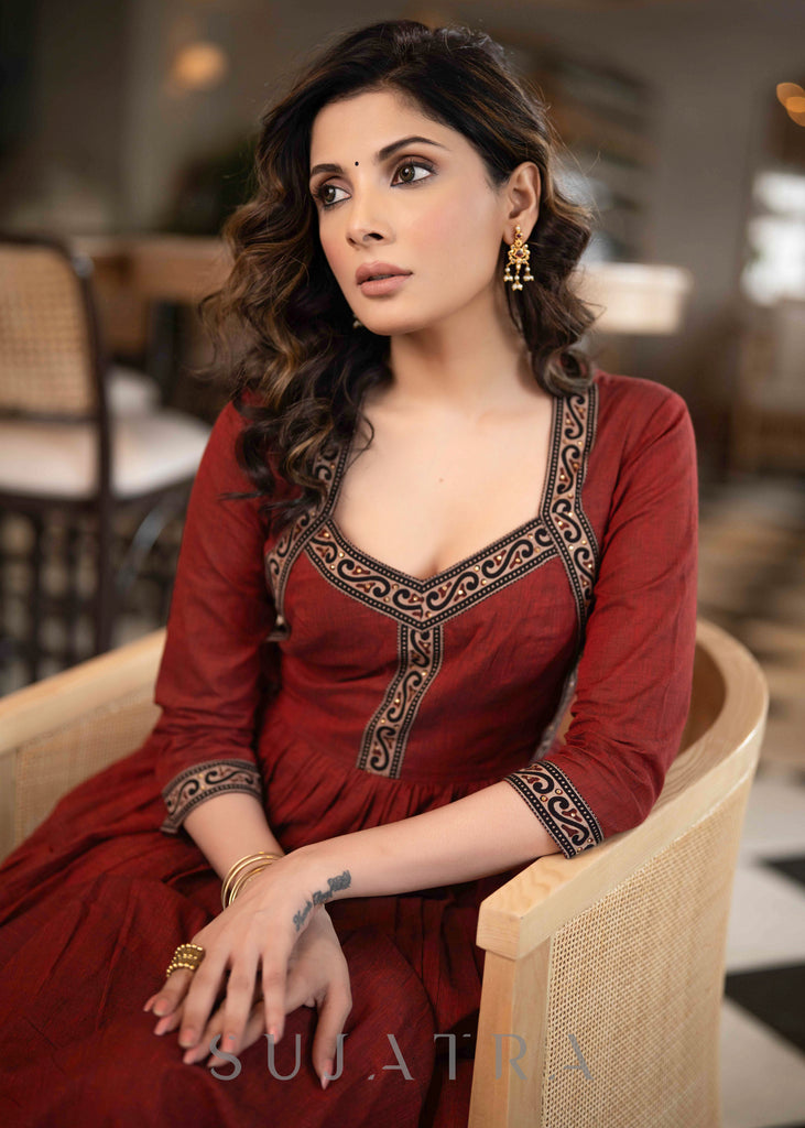 Stylish Maroon Handloom A Line Kurta With Ajrakh Border On Yoke With Slip  - Pant Optional