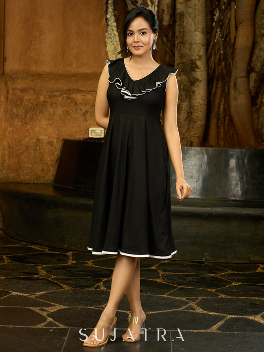 Midnight Ruffle Black Flared Rayon Dress with White Accents