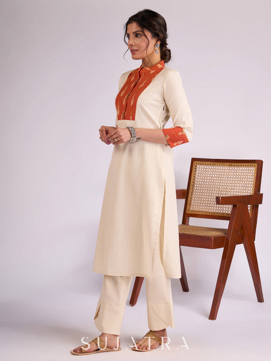 Elegant Off-White Cotton Flex Kurta with Graceful Orange Ikat Yoke, Collar & Cuffs