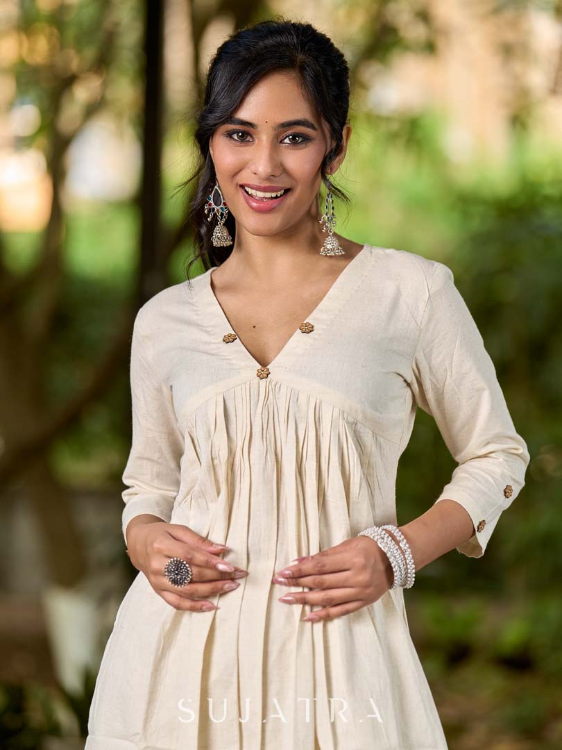 Timeless Off White Cotton Flex Gathered Kurta