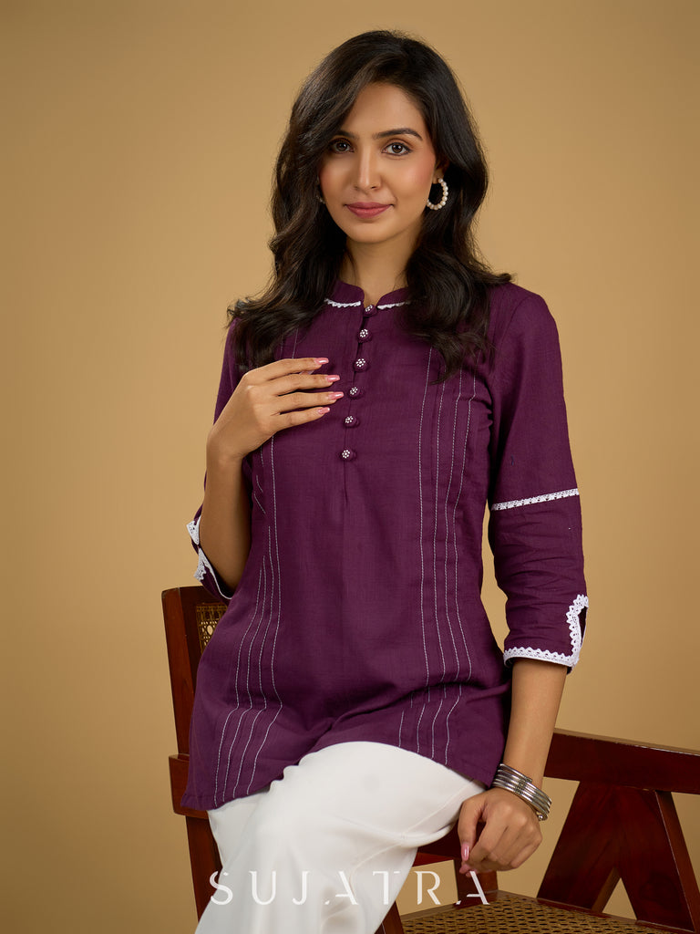 Elegant purple cotton top beautifully finished with delicate lace detailing