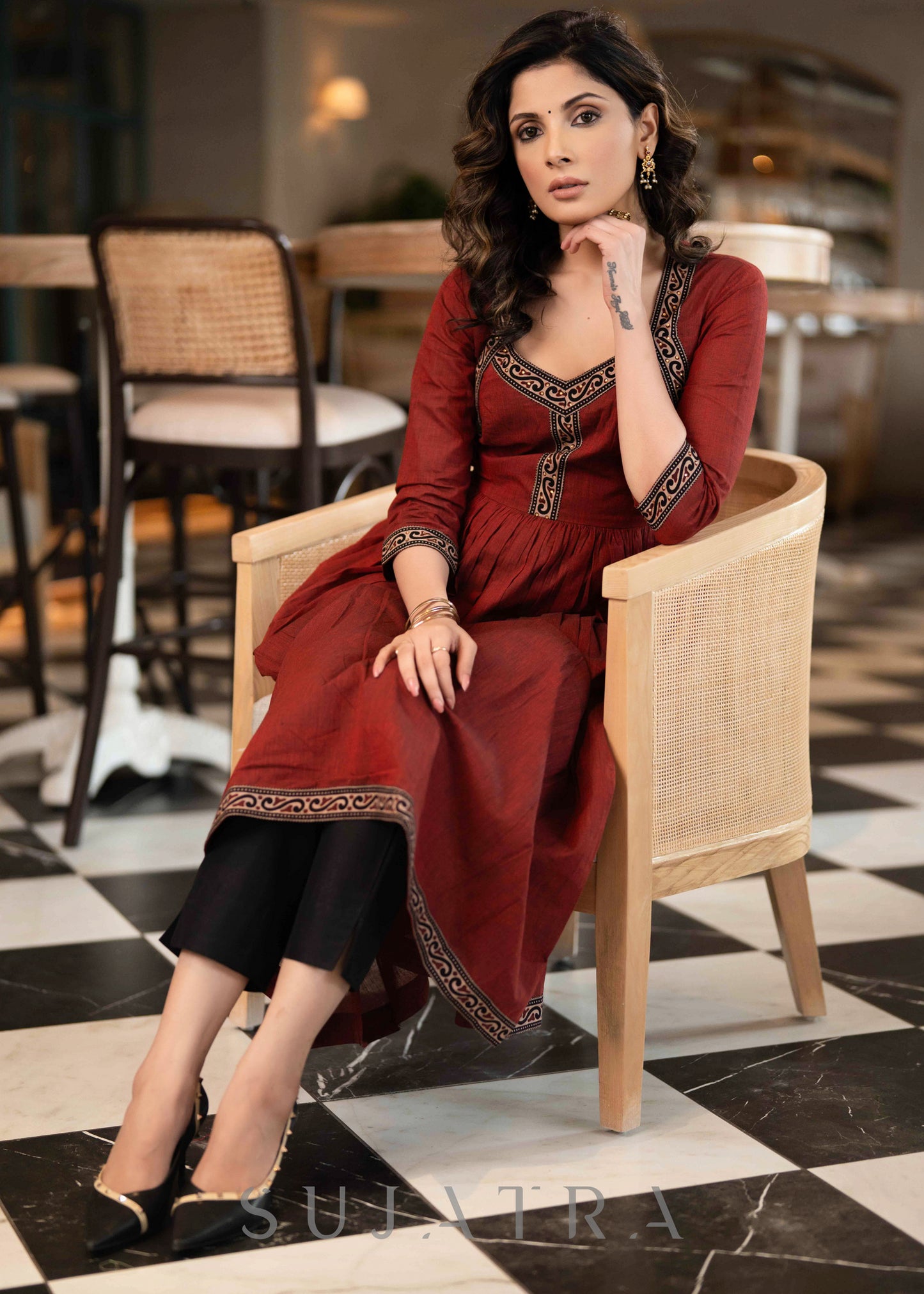 Stylish Maroon Handloom A Line Kurta With Ajrakh Border On Yoke With Slip - Pant Optional