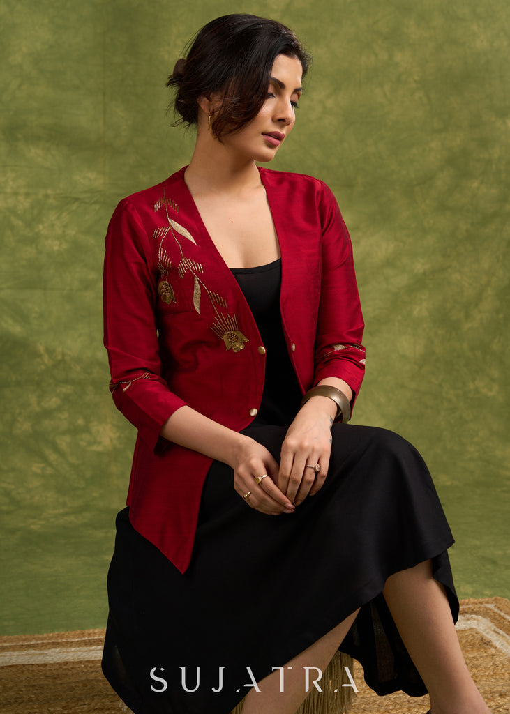 Elegant Asymmetry , Maroon Silk Jacket With Striking Golden Hand Embroidery Dress Optional.