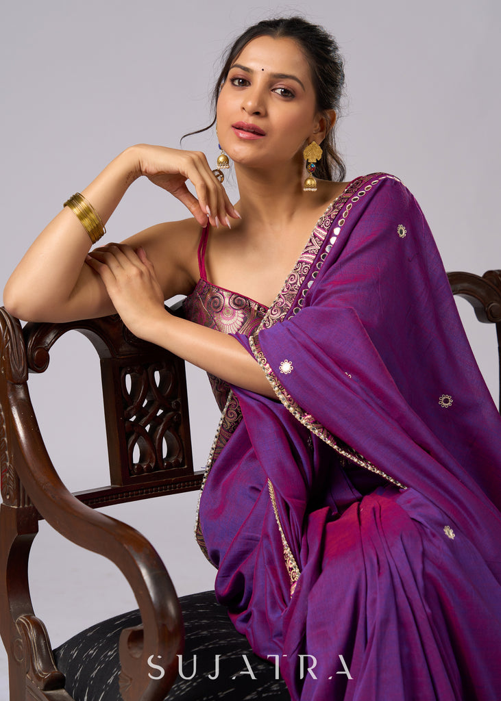Stunning violet cotton two tone saree with hand embroidery and Banarasi border