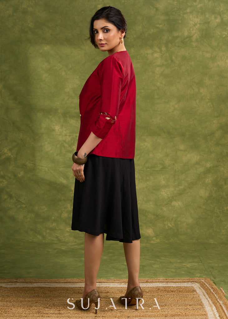 Elegant Asymmetry , Maroon Silk Jacket With Striking Golden Hand Embroidery Dress Optional.