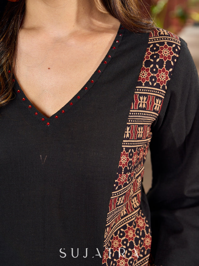Stylish cotton printed kurta with contrast detailing and smart pocket-pant optional