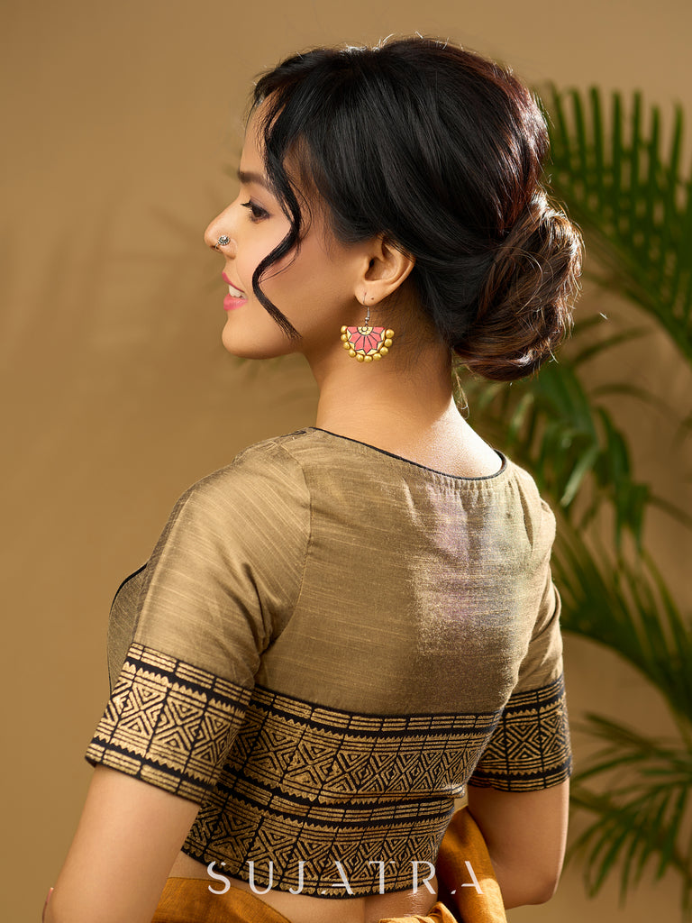 Elegant dark gold cotton silk blouse with traditional block print design - Optional Plain Saree