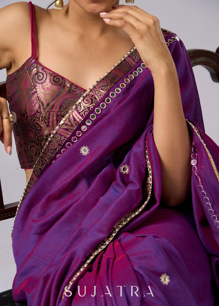 Stunning violet cotton two tone saree with hand embroidery and Banarasi border