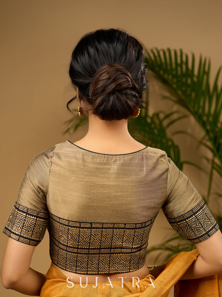 Elegant dark gold cotton silk blouse with traditional block print design - Optional Plain Saree