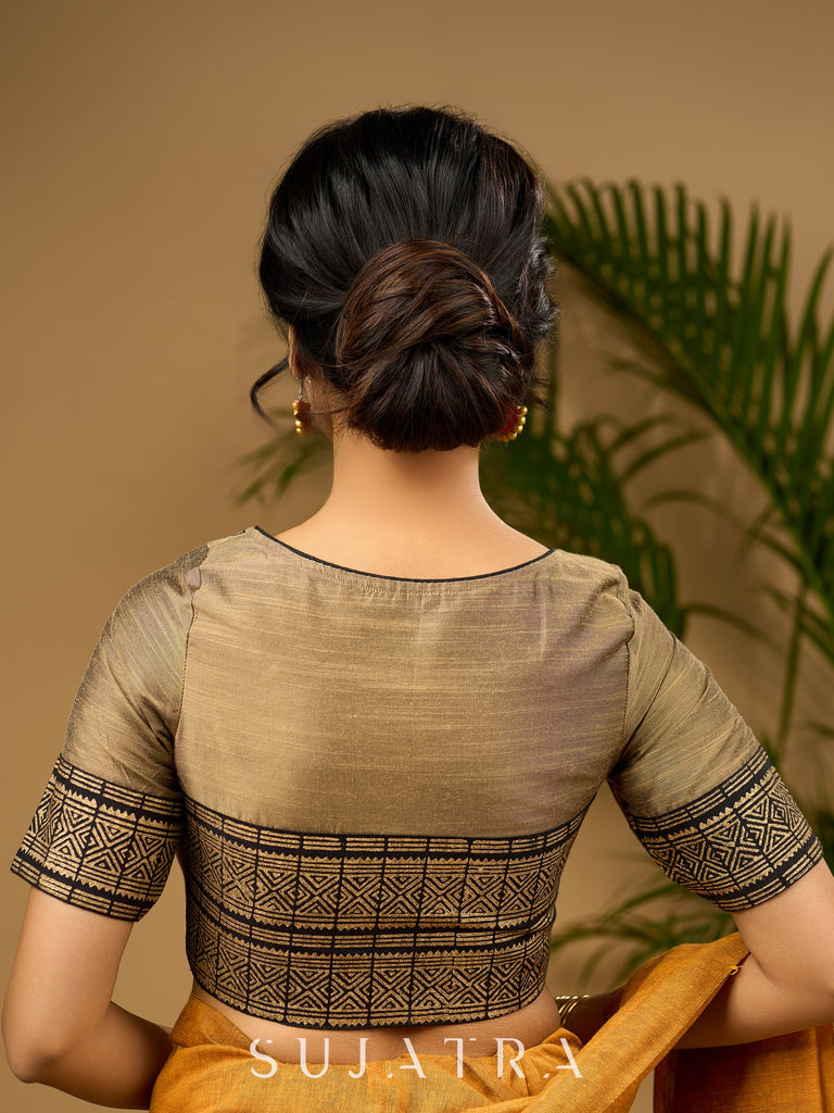Elegant dark gold cotton silk blouse with traditional block print design - Optional Plain Saree