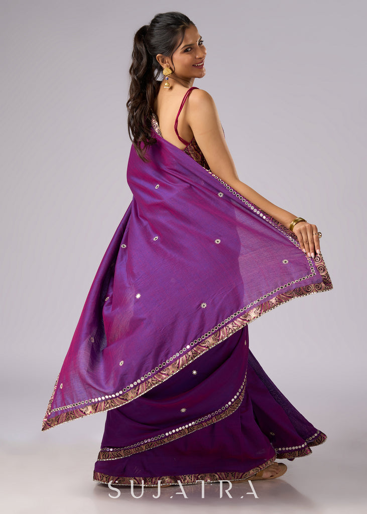 Stunning violet cotton two tone saree with hand embroidery and Banarasi border