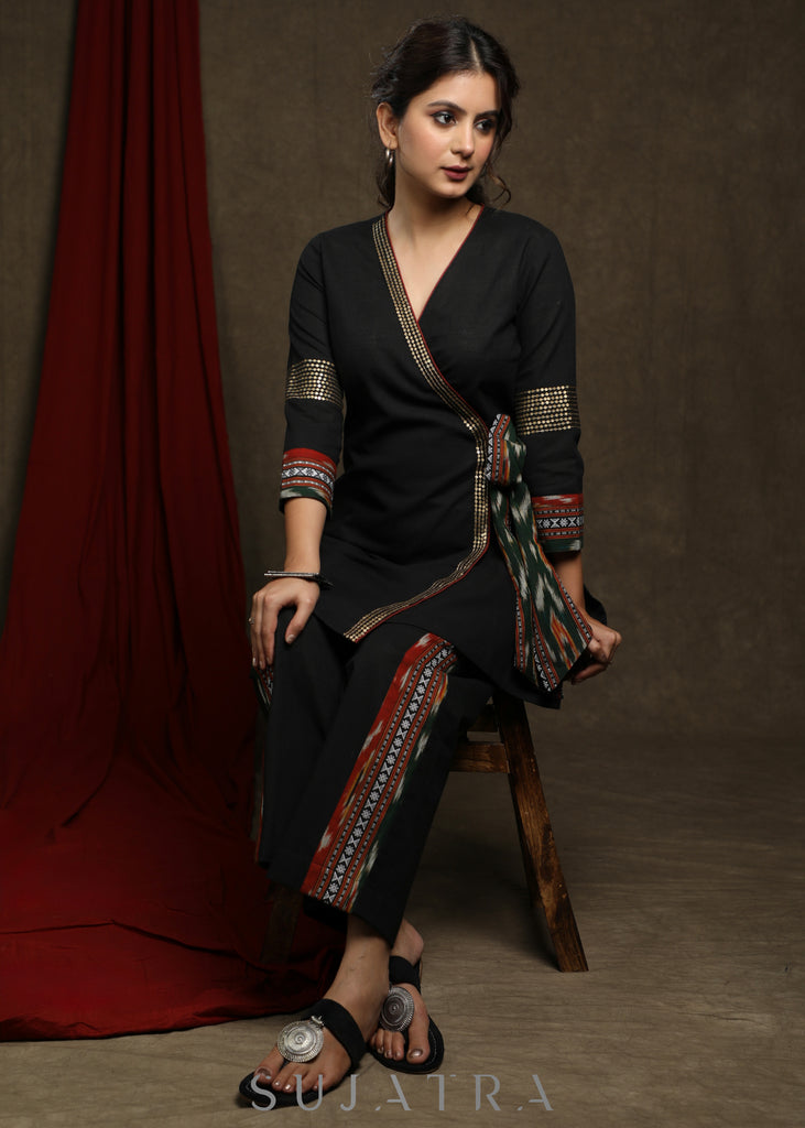 Black Overlap tunic with gold sequence work & ikat detailing - Pant optional