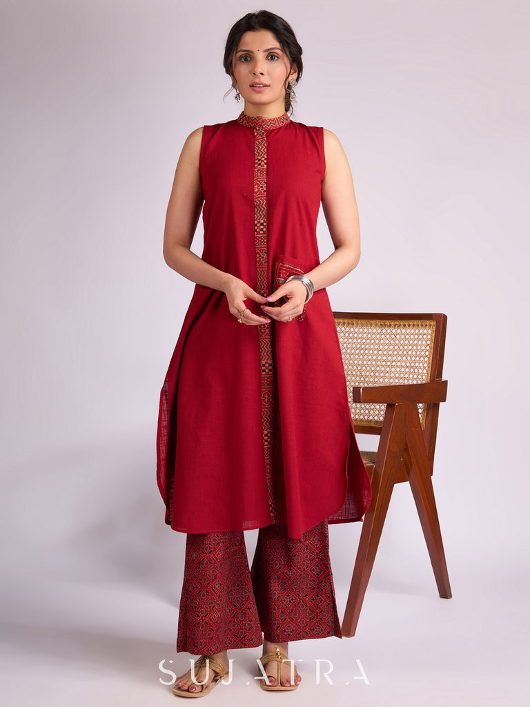 Maroon Cotton Kurta with Ajrakh Collar Placket & Pocket Detailing