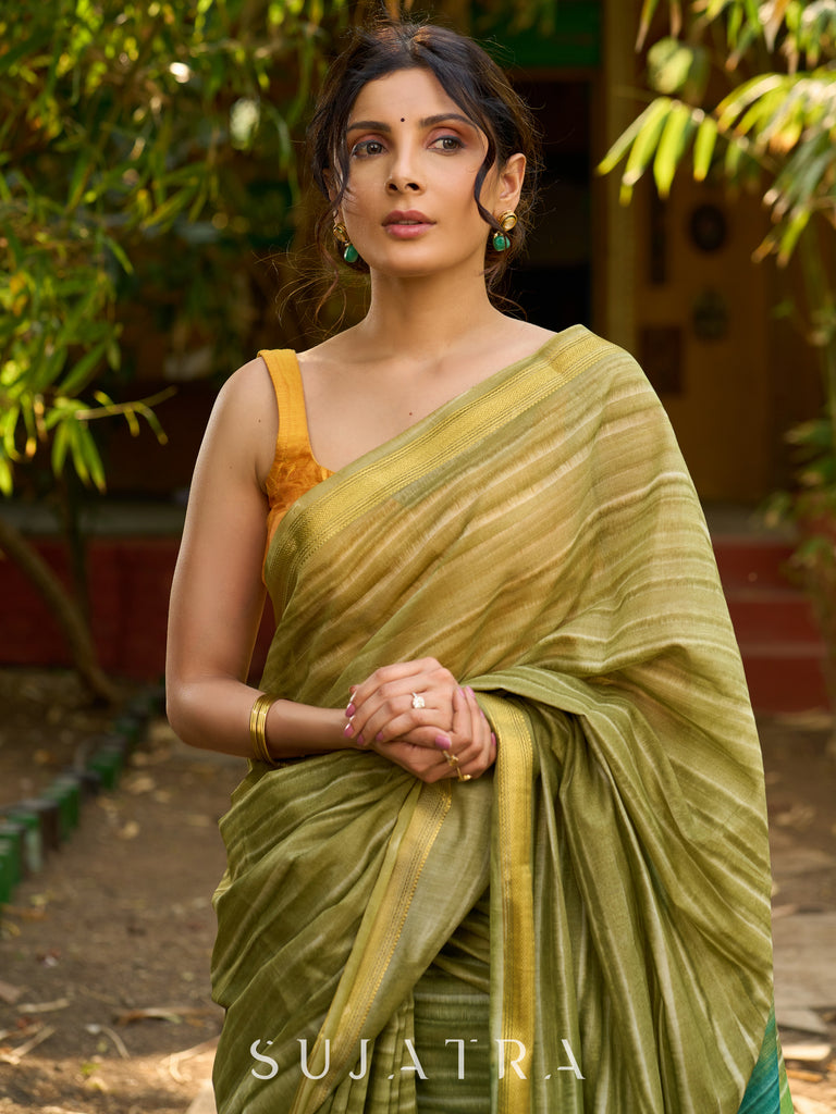 Striped Olive cotton Saree with Lustrous Golden Border
