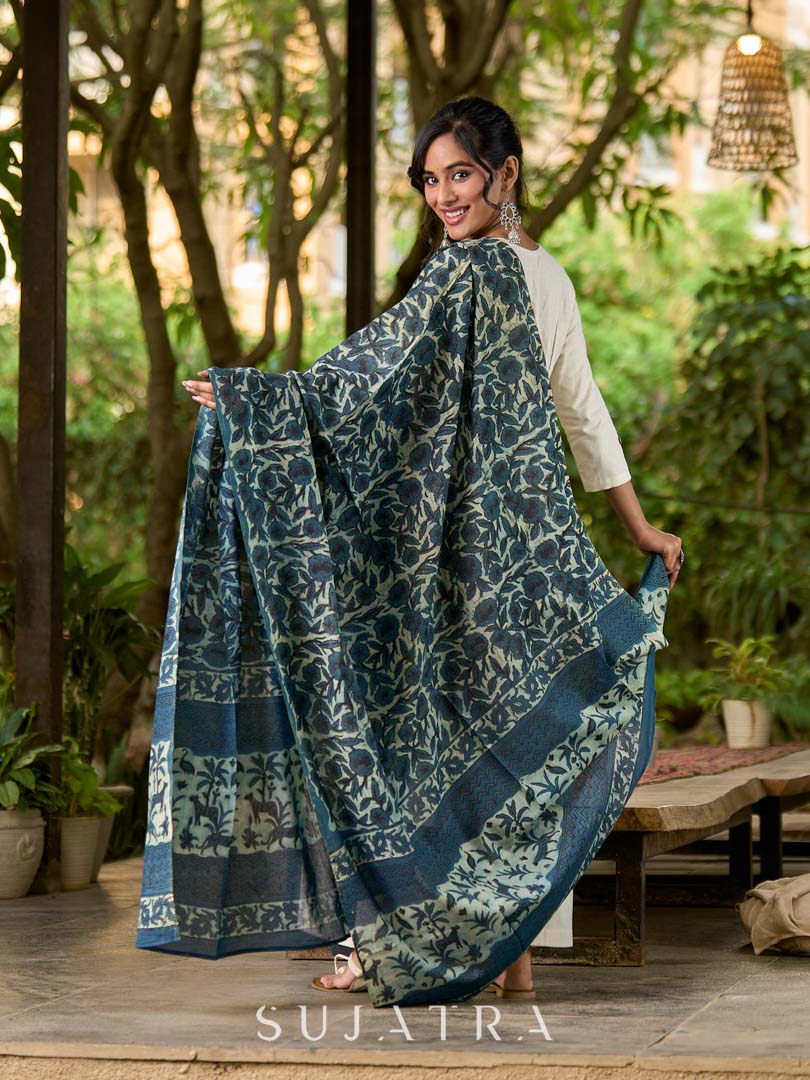 Classic Navy Blue Mul Cotton Dupatta with Traditional Prints