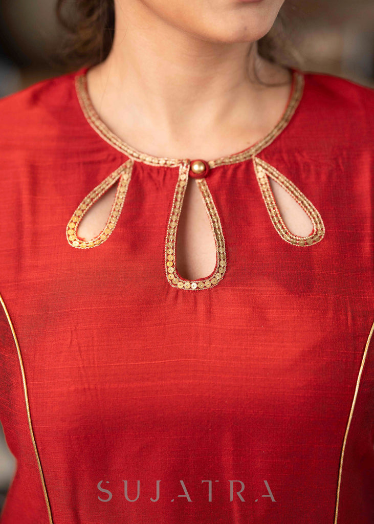 Beautiful Maroon Cotton Silk Pant & Kurta With Sequence Work On Neckline - Dupatta Optional