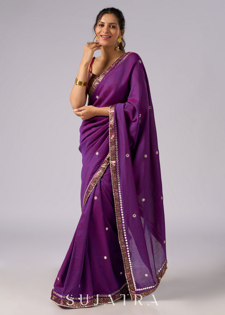 Stunning violet cotton two tone saree with hand embroidery and Banarasi border