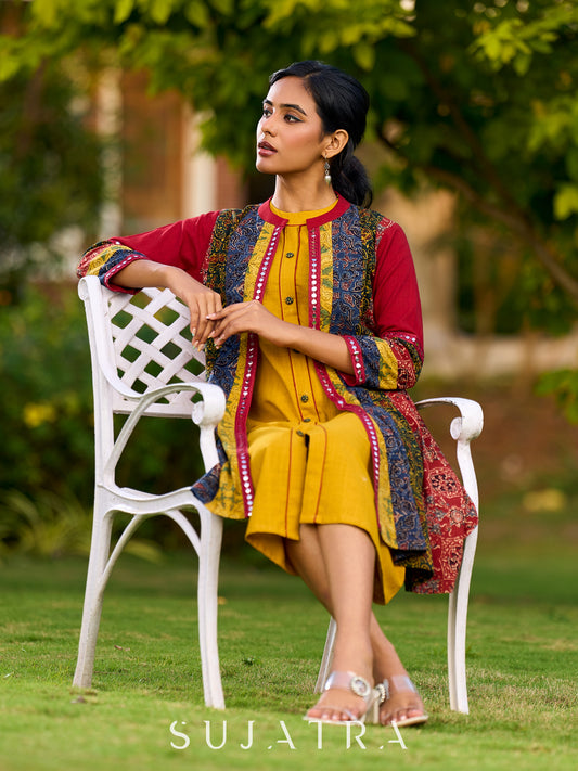 Vibrant Ajrakh Panel Jacket Embellished With Mirror Lace Highlights - Mustard Dress Optional