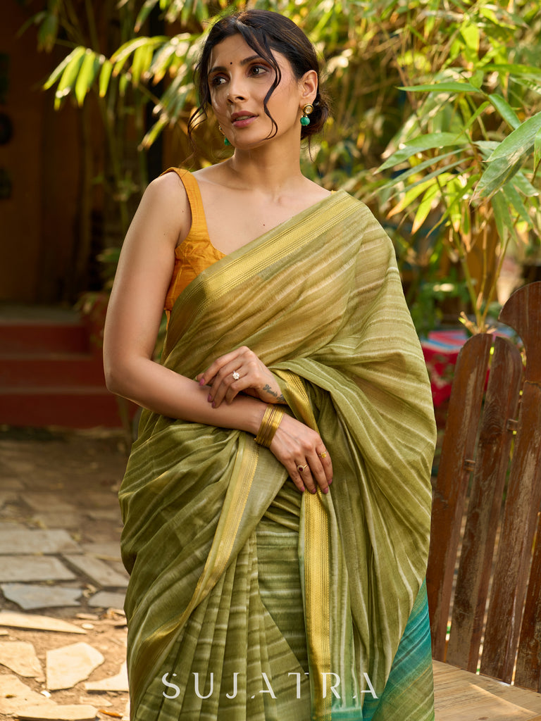 Striped Olive cotton Saree with Lustrous Golden Border
