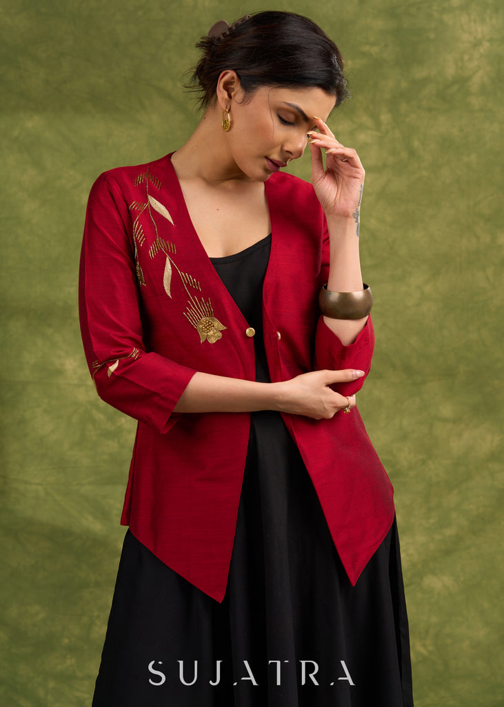 Elegant Asymmetry , Maroon Silk Jacket With Striking Golden Hand Embroidery Dress Optional.