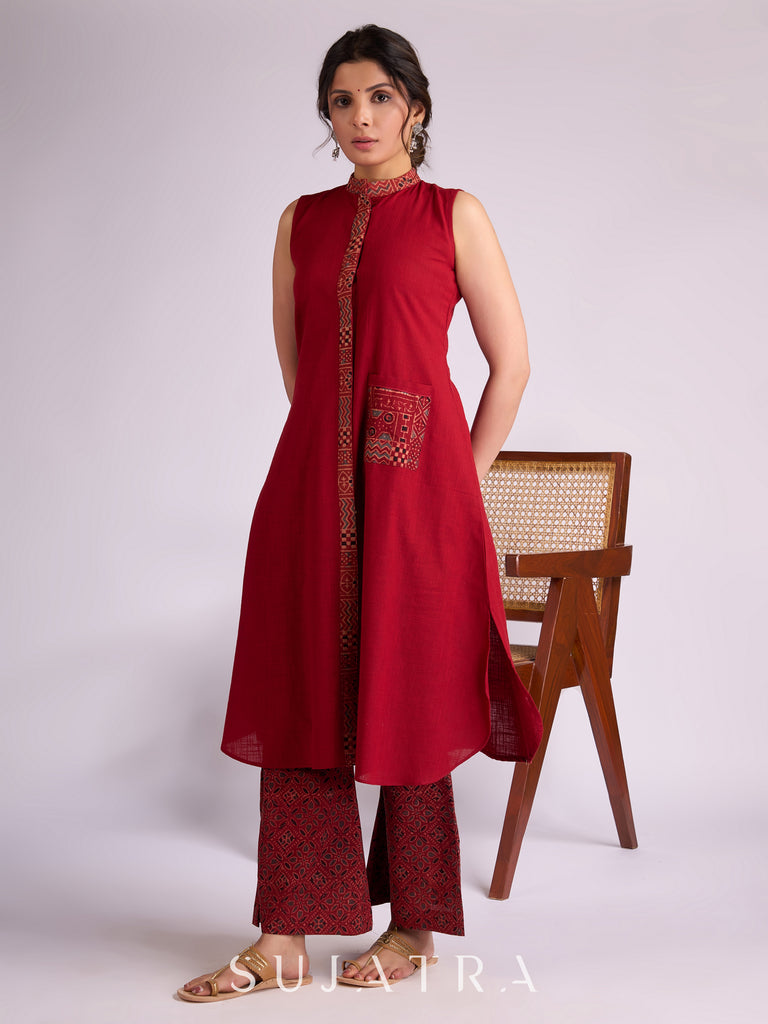 Maroon Cotton Kurta with Ajrakh Collar Placket & Pocket Detailing