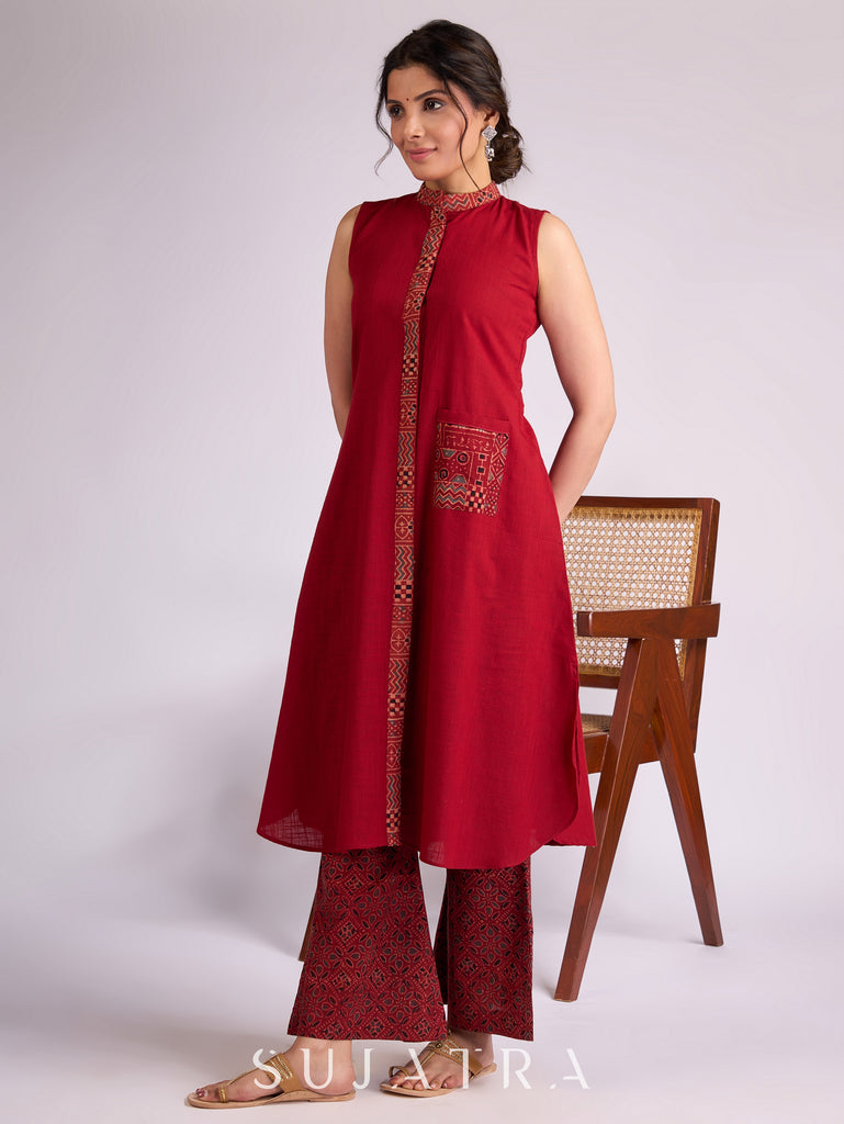 Maroon Cotton Kurta with Ajrakh Collar Placket & Pocket Detailing