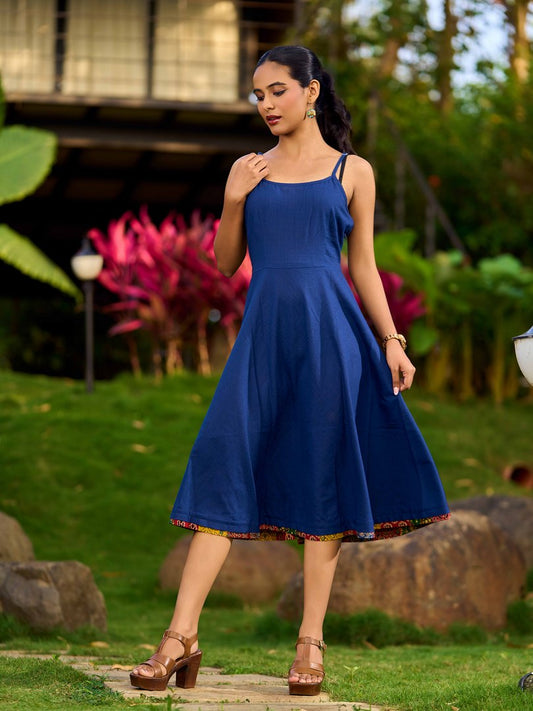 Navy Blue Flared Slip Dress with Patchwork Ajrakh Hemline - Patchwork Jacket Optional