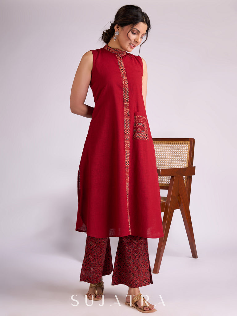 Maroon Cotton Kurta with Ajrakh Collar Placket & Pocket Detailing