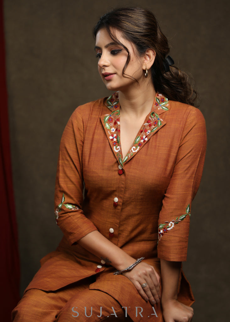Trendy Rust cotton tunic with embroidered collar & sleeves - Co ord pant optional