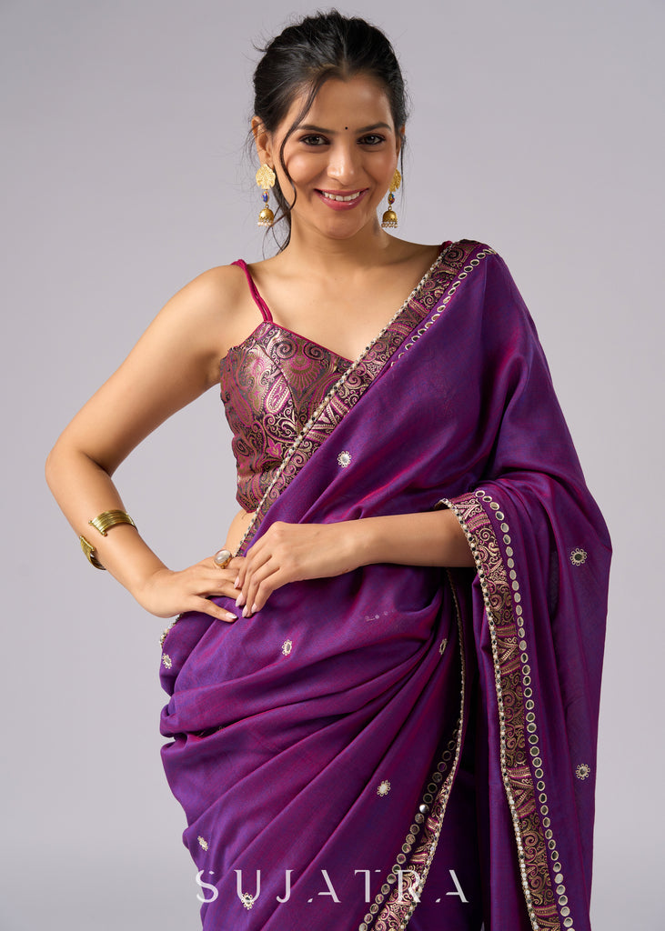 Stunning violet cotton two tone saree with hand embroidery and Banarasi border