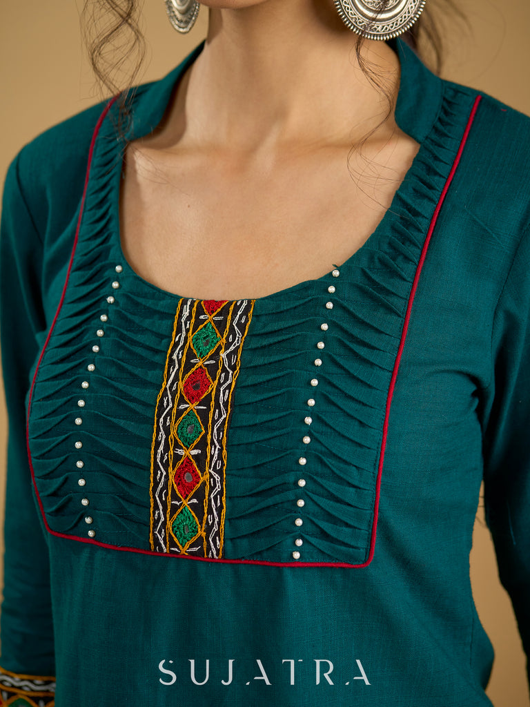 Stylish dark green cotton top with pleats,mirror,and pearl work - Skirt optional